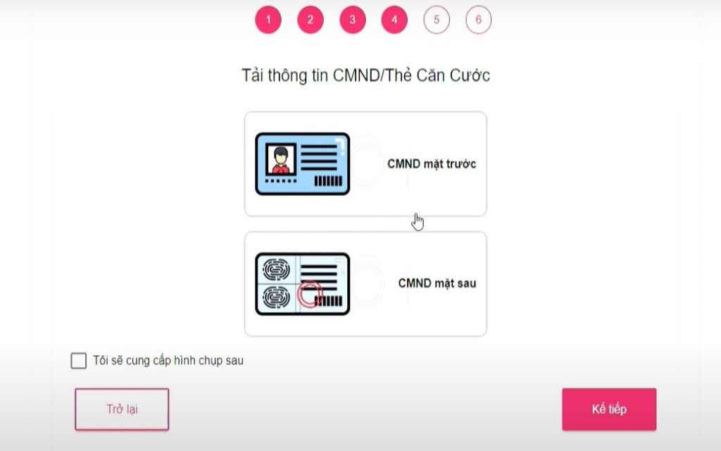 Sau khi cập nhật các thông tin kể trên, bạn sẽ đăng tải hình ảnh CMND hoặc thẻ căn cước lên mẫu đơn trực tuyến của ATM Online. 
